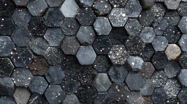 Close-up of glimmering grey hexagon stone texture. Geometric pattern with reflective surface, ideal for modern design, architecture, and background visuals.