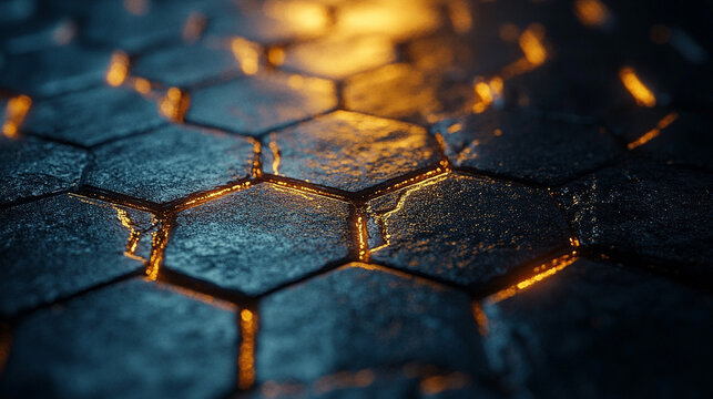 Close-up of glimmering grey hexagon stone texture. Geometric pattern with reflective surface, ideal for modern design, architecture, and background visuals.