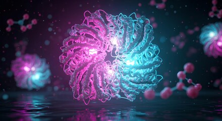 A detailed 3D rendering of a complex molecular structure, illuminated with vibrant pink and blue light, reflected on a dark, glossy surface.