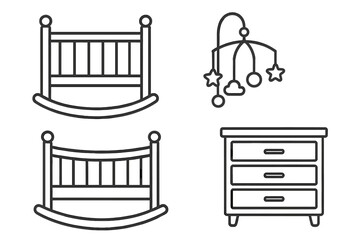 Minimalist Baby Cradle Set in Outline Style for Nursery Room Design Concepts, Vector Cartoon Illustration with Mobile and Dresser, Transparent Background, Organized Nursery Furniture Icons