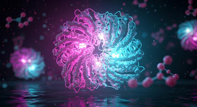 A detailed 3D rendering of a complex molecular structure, illuminated with vibrant pink and blue light, reflected on a dark, glossy surface.