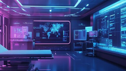 Futuristic operating room showing global medical data on monitors - Powered by Adobe