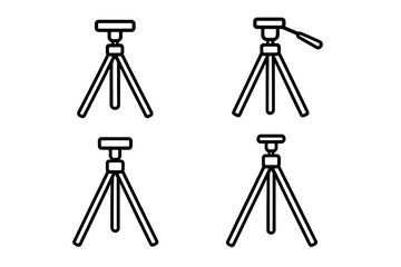 Minimalist black tripod line art collection for creative projects, simple vector cartoon illustration set, transparent background, clean design, photography and camera equipment elements