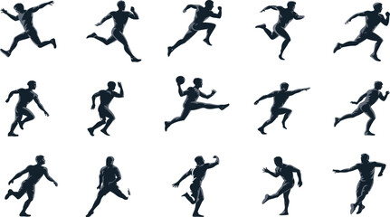 Athletic running silhouettes — dynamic human poses in motion, sprinting, jogging, sports action, catching, throwing, ball handling, movement study