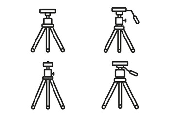 Minimalist black tripod line art set, vector cartoon illustration collection for creative projects, photography equipment icons, transparent background ordered graphics