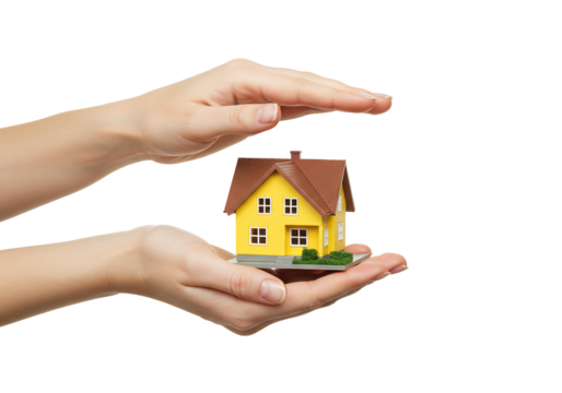 Hands protecting small yellow house model home ownership real estate security concept