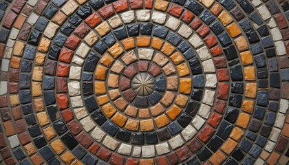 Fototapeta premium intricate circular mosaic pattern featuring concentric rings of colorful textured tiles in earth