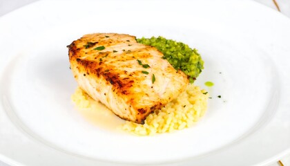 Grilled fish fillet with a side of rice and a green sauce