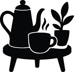 Illustrator Vector Coffee pot cup and plant on table silhouette