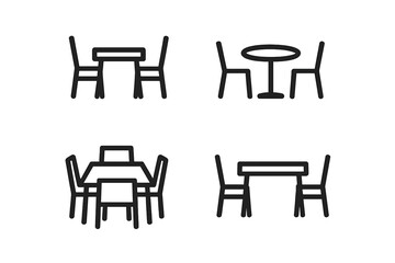 Minimalist dining set icons, simple line art of tables and chairs in various arrangements, vector cartoon illustration, transparent background, ordered set, furniture collection