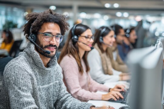 Diverse Team of Call Center Agents Working Together in Office Space