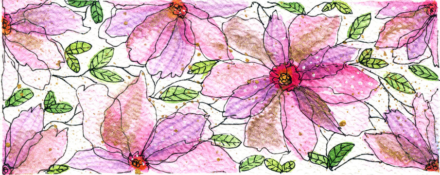 Illustrazione floreale ad acquerello con fiori rosa e lilla, foglie verdi e dettagli glitterati su sfondo bianco