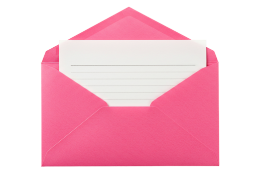 Pink envelope with lined paper stationary mockup communication concept transparent background