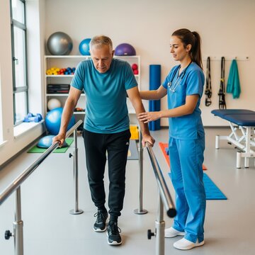 Physical Therapist Assisting Senior Patient with Walking Exercise in Rehabilitation Clinic