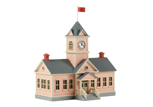 Pink schoolhouse model with clock tower and flag