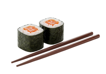 Salmon sushi rolls with chopsticks on transparent background