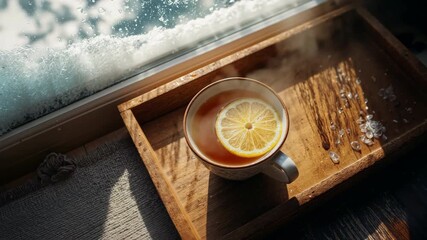 Cup of Hot Lemon Tea by a Snowy Window - Powered by Adobe