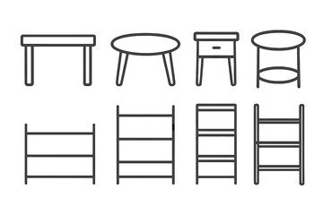 Minimalist furniture icon set with tables and shelves in linear style, vector cartoon illustration with transparent background, organized minimalist storage and decor symbols