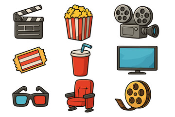 Cinema entertainment icon set. Movie night elements. Film industry concept. Vector cartoon collection: clapperboard, popcorn, camera, ticket, soda, 3D glasses, theater seat, film reel.