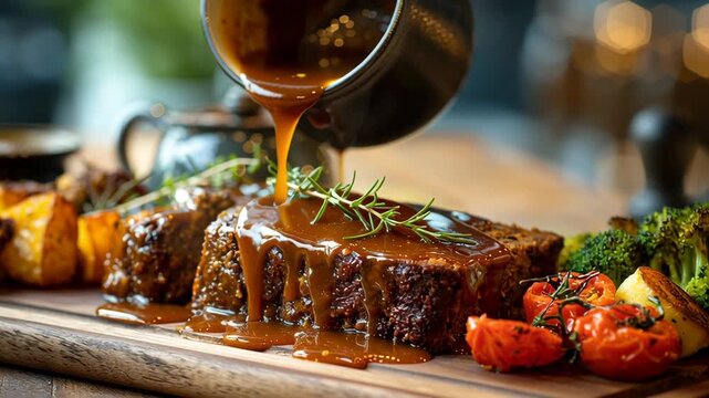Hearty meatloaf dinner with rich brown gravy poured over slices served with roasted tomato broccoli potato on wooden board creating warm appetizing meal
