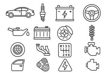Car parts and auto service line icon set. Automotive repair and vehicle maintenance symbols. Vector collection for garage, mechanic workshop, and infographic design elements.
