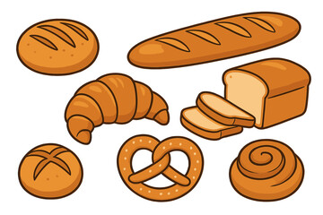 Set of fresh baked bread and pastry. Vector cartoon illustration of bakery food assortment. Includes loaf, baguette, croissant, pretzel, cinnamon bun and roll. Isolated.
