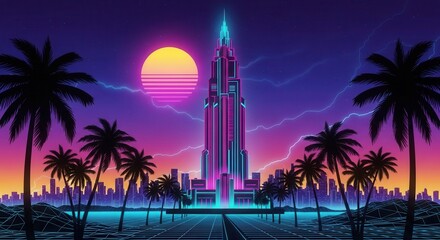 Retro city scape featuring vibrant neon building under a sunset and palm trees