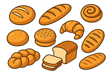 Bread and pastry set vector cartoon illustration. Assortment of fresh baked goods for bakery shop. Food icons: loaf, baguette, croissant, bun, roll, challah, cinnamon roll.