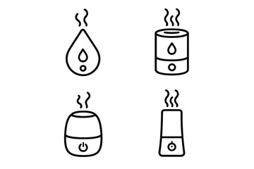 Minimalist line art humidifier icons set for home wellness, air purification, clean air, relaxing atmosphere, essential oil diffuser, vaporizer, air moisture, health care vector cartoon illustration