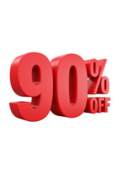 3D Rendered Red 90 Percent Off Isolated on Transparent Background for Sales
