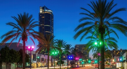 Obraz premium Vibrant Cityscape at Dusk: Palm Trees, Skyscrapers and Colorful Lights Illuminate Downtown
