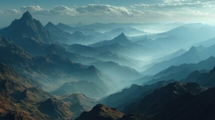 Majestic layered mountain ranges with atmospheric haze and soft daylight
