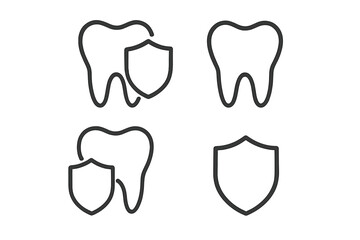 Dental insurance icon set. Tooth protection symbol with shield. Oral health care, stomatology, dentistry concept. Minimalist line art vector illustration for logo, web, app.