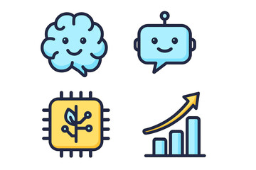 Modern technology vector icons set featuring artificial intelligence brain, chatbot robot, microchip circuit, and growth chart graph elements in flat cartoon style transparent background