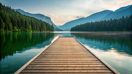 Sunrise kayaking in alps lake reflection calm water wooden pier serene mountain valley pine forest misty morning adventure