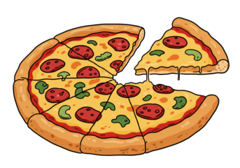 Cartoon pizza slices with pepperoni and vegetables on transparent background
