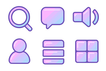 Pastel Gradient Vector Icons Set of Search, Chat, Audio, Profile, Vertical List, and Grid Designs, Soft Colorful Cartoon Style with Transparent Background, Modern UI Elements