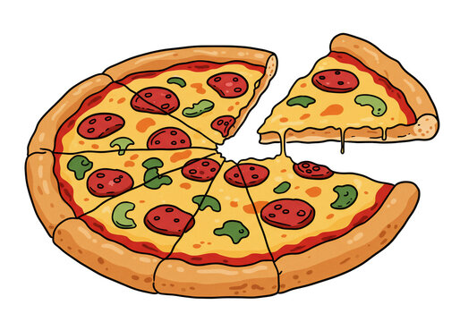 Cartoon pizza slices with pepperoni and vegetables on transparent background