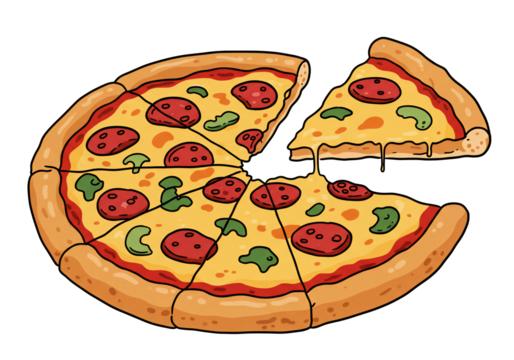 Cartoon pizza slices with pepperoni and vegetables on transparent background