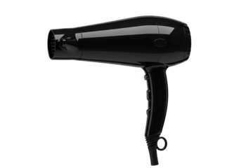 Black hair dryer sleek design glossy finish transparent background hair styling tool electric appliance beauty care product