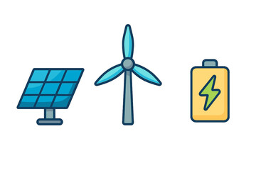 Renewable energy icons set with solar panel, wind turbine, and battery symbols in flat cartoon style, clean vector illustration with transparent background for eco-friendly power concepts