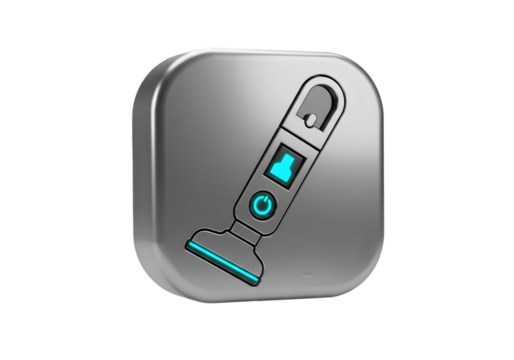 3D Rendered Silver Vacuum Cleaner Icon with Blue Accents on Transparent Background