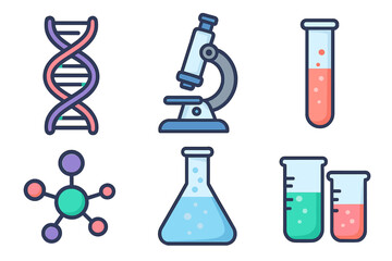 Science Icon Set with DNA Strand, Microscope, Test Tubes, Flask, Molecular Structure, and Beakers in Vector Cartoon Style, Transparent Background, Educational and Laboratory Symbols