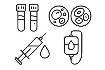 Healthcare vector icons set with blood samples, syringe injection, blood cells, infusion bag, and medical laboratory line drawings, vector cartoon illustration transparent