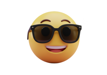 3D Rendered Smiley Face Emoji with Sunglasses Isolated on Transparent Background