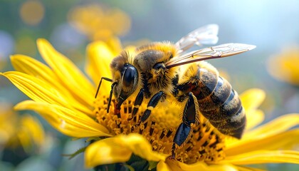Bee pollinating yellow flower closeup
