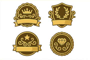 Set of golden emblems for luxury branding. Vector collection of retro badges with crown, diamond, and laurel wreath. Premium quality award logo templates with ribbons.