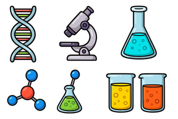 Science icon set with DNA helix, microscope, test tube, flask, molecule, colorful beakers, cartoon style vector, transparent background, educational and laboratory elements