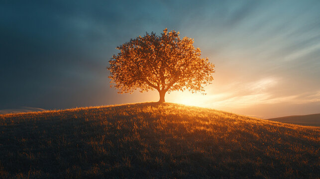 A solitary tree glowing on a hilltop at sunset, bathed in warm light. Dramatic landscape with ethereal ambiance, perfect for nature, fantasy, or inspirational visual projects.