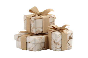 Stacked gift boxes, cream and beige marble print, tied with kraft paper ribbon